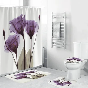 

Flower Waterproof Shower Curtain Bathroom Mat Toilet Seat Cover Set Anti-slip Material Polyester Prevent Mildew