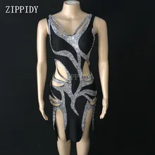 Модные блестящие серебряные стразы, платье для латинских танцев, сексуальное черное платье для танцев, камни для женщин, певиц, для дня рождения, вечеринки, для сцены, шоу, платья