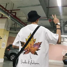 Футболка с короткими рукавами и принтом кленового листа, Мужская футболка в гонконгском стиле, для подростков, свободный крой, короткий рукав, модные летние мужские рукава