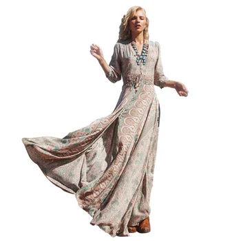 

Women Dress Ethnic Style Retro Print Slim Fringed V-neck High Waist 3/4 Casual Long Sleeve Dresses