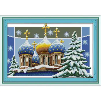 

Joy Sunday Cross Stitch Set Christmas Castle Patterns Canvas Printed DMC Cross Stitch Embroidery Kits Home Decoration Send Gift