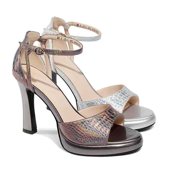 

Versatile versatile 2020 chunky heel peep-toe sandals women's genuine leather Straight-line buckle platform high heel nv xie zi