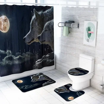 

Bath Mat With Hooks Rugs Lid Toilet Cover Home Non Slip Polyester Shower Curtain Set Universal Animal Print Practical Large