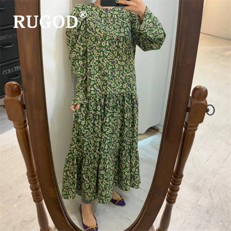 RUGOD 2020 New spring arrival korean chic green dress for women o neck floral printed puff sleeve loose fashion plus size | Женская