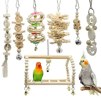 

7Pcs Universal Multifunction Bird Parrot Swing Chewing Toys- Natural Wood Hanging Bell Bird Cage Parrot Toys Bird Accessories