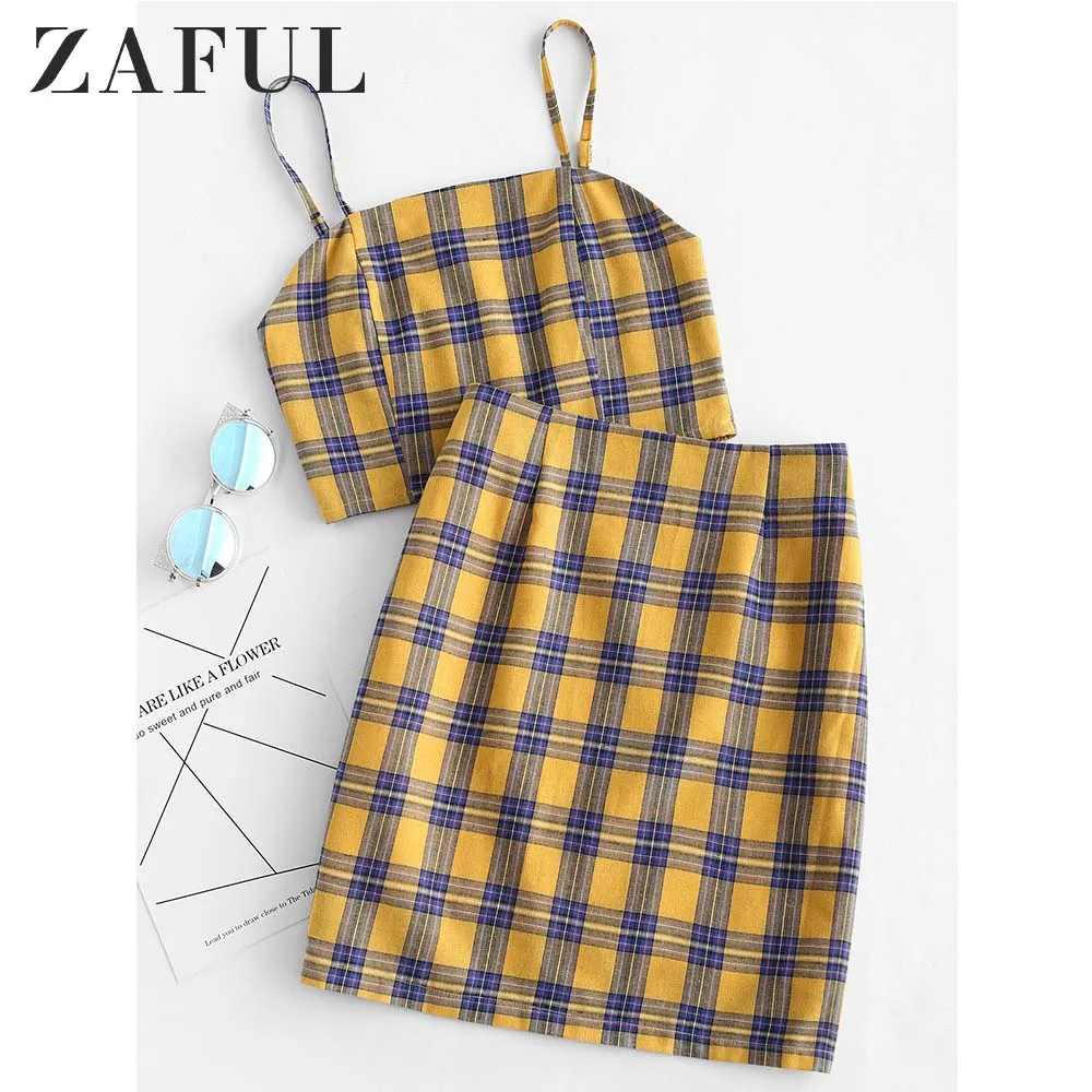 ZAFUL Желтый плед Сексуальный комплект из двух частей дымчастая задняя часть и мини-юбка Летние наряды Костюм Женские комплекты