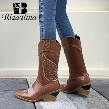 

RizaBina Big Size 34-44 Women Mid Calf Boots Western Cowgirl Autumn Winter Shoes Women Brogue Embroidery Pointed Toe High Heels