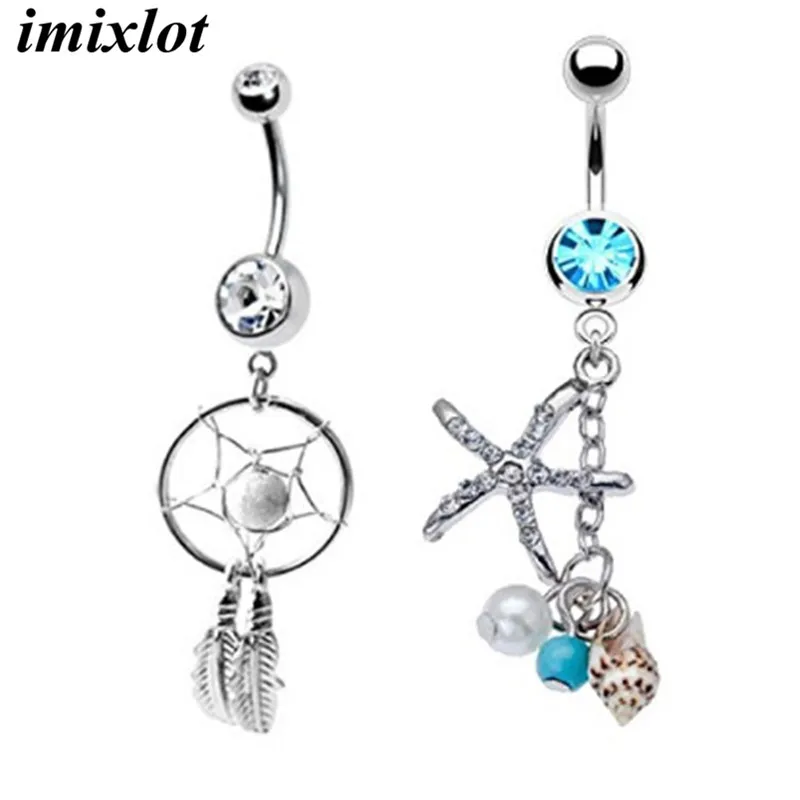 1 set Sexy Crystal Starfish Dream Catcher Bars Belly Button Rings Dangle Body Navel Piercing Rings Jewelry for Women