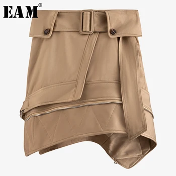 

[EAM] High Waist Khaki Zipper Irregular Split Joint Short Half-body Skirt Women Fashion Tide New Spring Autumn 2020 WM684