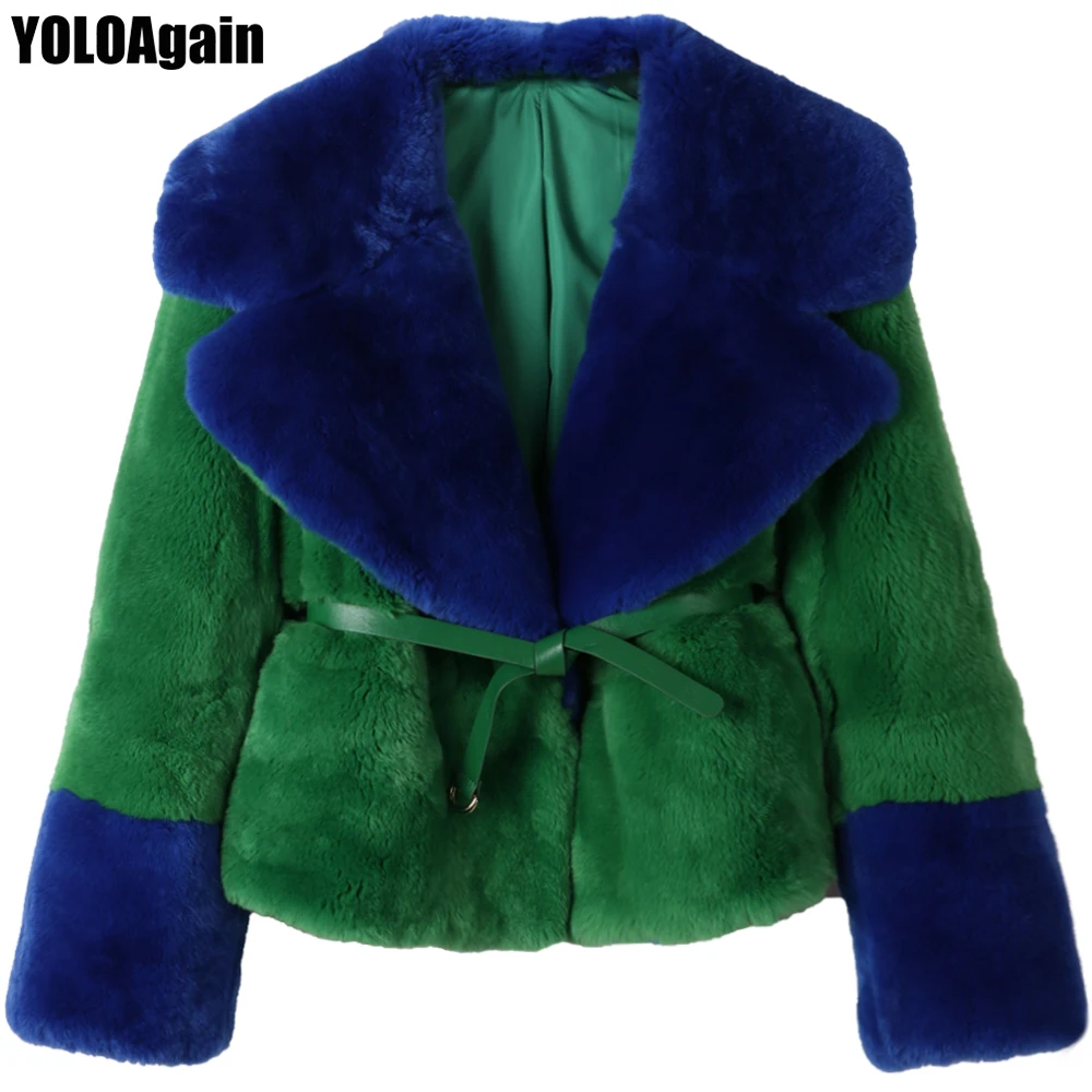 

YOLOAgain women rex rabbit ruf jacket ladies big turn-down collar patchwork natural rabbit fur coat