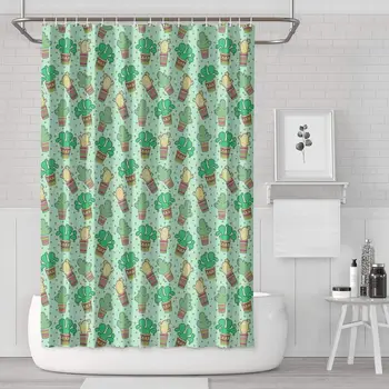 

Polyester Fabric Bathroom Shower Curtains Cute Pattern with Cactuses Bath Curtains Set