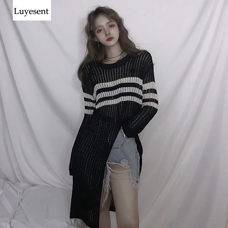 

Punk Thin Women Pullover Long Sweater 2019 Lady High Slit See Through Gothic Knit Top O Neck Striped Contrast Color New Jumpers