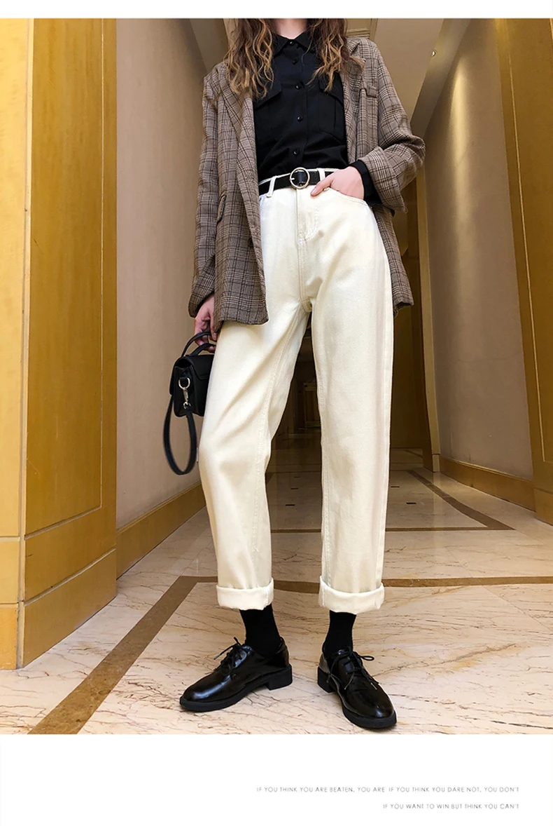 Женские джинсы с высокой талией, Весенние длинные уличные хлопковые прямые джинсы для женщин в стиле бойфренд