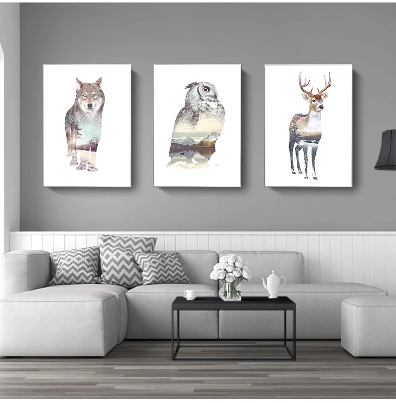Canvas Art Posters and Prints Wall Art Picture Bear Owl Fox Painting Modern Home Decoration Nordic Landscape Silhouette Deer