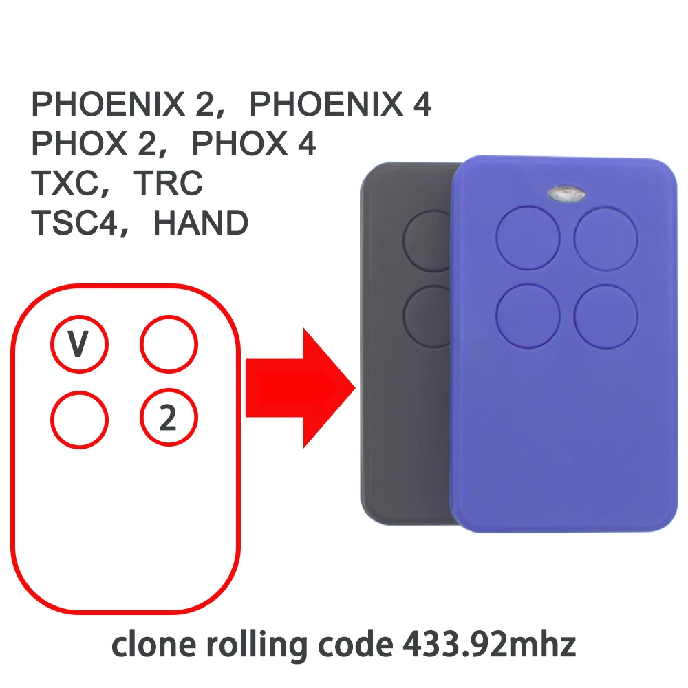 Mando a distancia para puerta de garaje, copia de 100% PHOENIX 2/PHOENIX 4/PHOX 2/PHOX 4/TXC/TRC/TSC4, control remoto de 433,92 mhz, Mando de código rodante