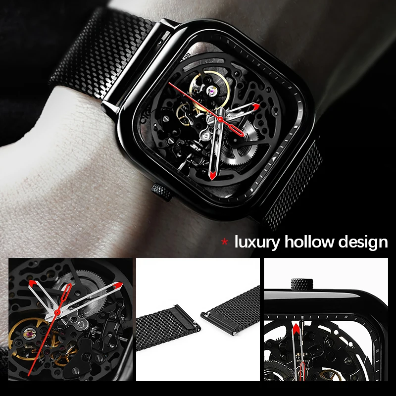 CIGA Men's Watch 1Pc  Sliver Stainless Steel Mesh Mecanico Square Movement Simple Waterproof Black Male Watches Mens relogio