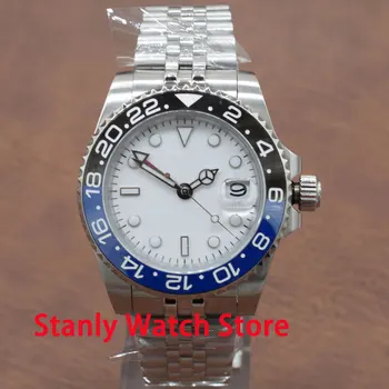 

Solid Bliger 40mm White Sterile Dial Luminous Marks Black Blue Ceramic Bezel GMT Function Automatic Movement Men's Wrist Watches