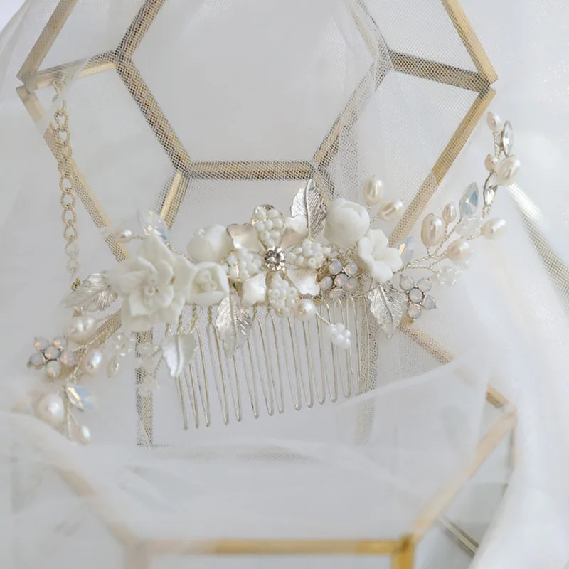 Floralbride Handmade Freshwater Pearls Ceram Flower Bridal Hair Comb Wedding Headdress Hair Accessory Bridesmaids Women Jewelry
