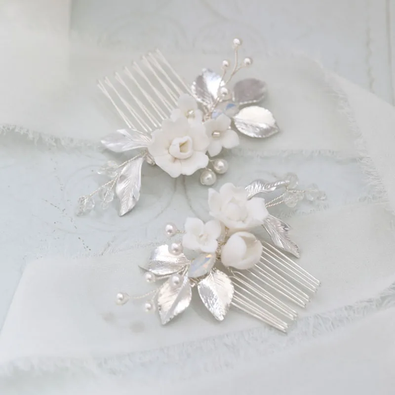 Floralbride Handmade Ins Style Pearls Ceram Flower Bridal Hair Comb Wedding Headdress Hair Accessory Bridesmaids Women Jewelry