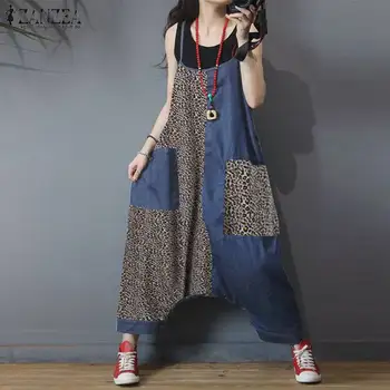

Kaftan Patchwork Overalls Women's Strap Jumpsuits ZANZEA 2020 Summer Leopard Print Rompers Female Drop Crotch Playsuits Pants
