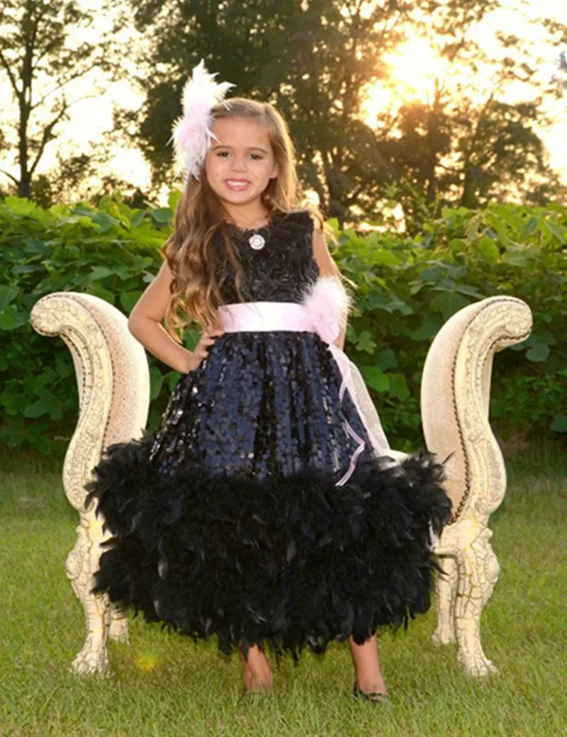 

Cute Black Girl's Pageant Dress Little Girl Dresses 2015 O Neck Pink Sash with Feather A Line Ankle Length