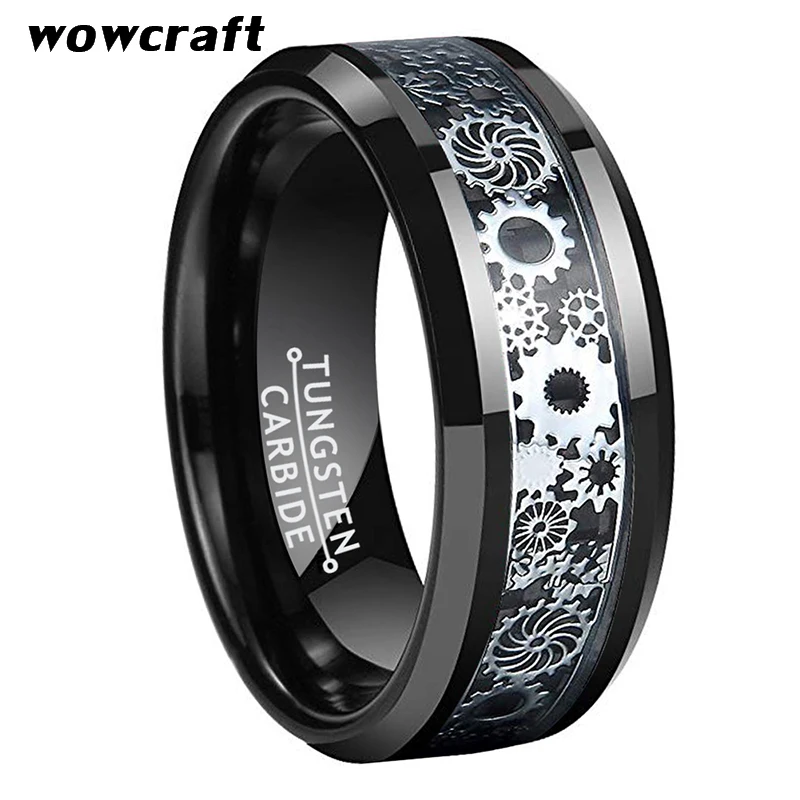 Najtaniej 8mm czarny obrączka pierścienie węglikowe wolframu dla mężczyzn kobiety z włókna węglowego Gears wkładka polerowane błyszczące skośne krawędzie Comfrot Fit