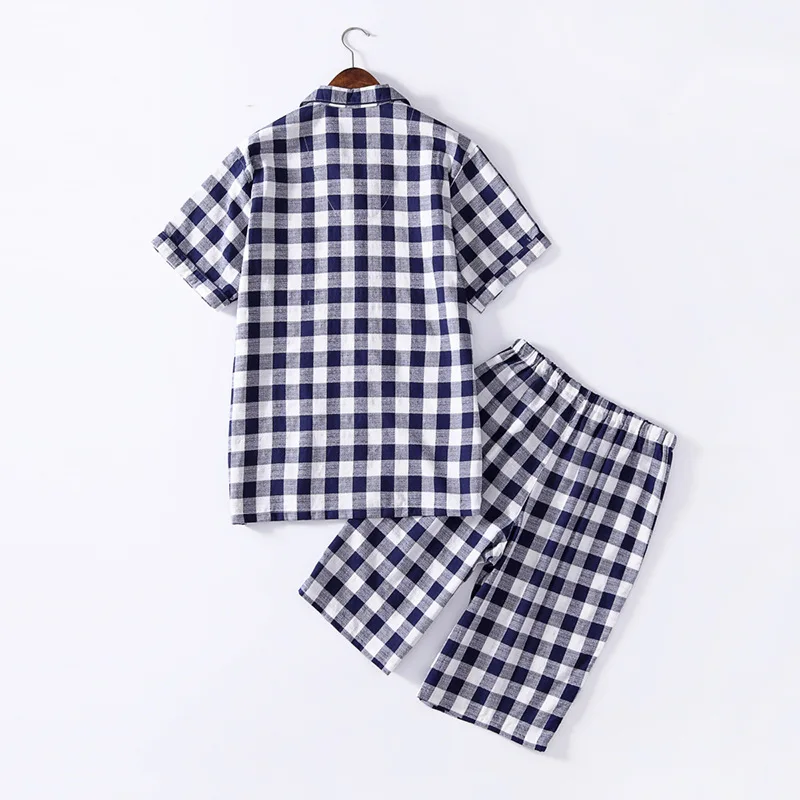 Summer New Plus size Men Casual Plaid Pajama sets Male 100%Cotton Sleepwear suit Men's Turn-Down collar shirt& Half Pants