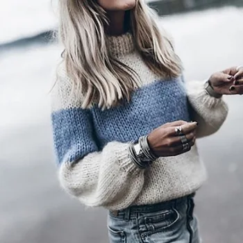 

Knitting Women Solid Sweater High Collar Loose Knitted Pollovers Sweater Lantern Sleeve Women Autumn Winter Sweater
