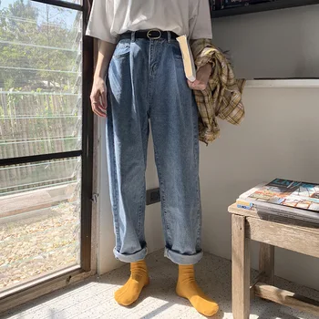 

[] ss2019 new Korean pleated wide leg pants high waist loose BF jeans pants jeans woman plus size high waist jeans