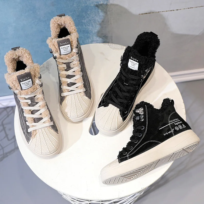 SWONCO Winter Women's Shoes Velvet Fur New Casual Shoes Sneakers Female High Top Winter Ankle Boots Snow Shoes For Women