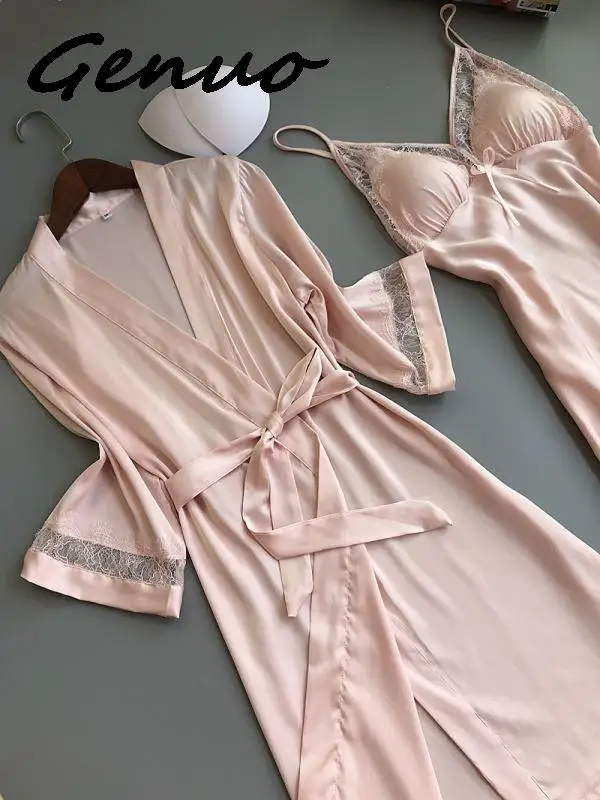 Genuo, новинка, женский халат и платье, наборы, сексуальные, кружевные, для сна, для отдыха, пижама, с длинным рукавом, для девушек, для сна, халат, ночное платье с накладками на груди