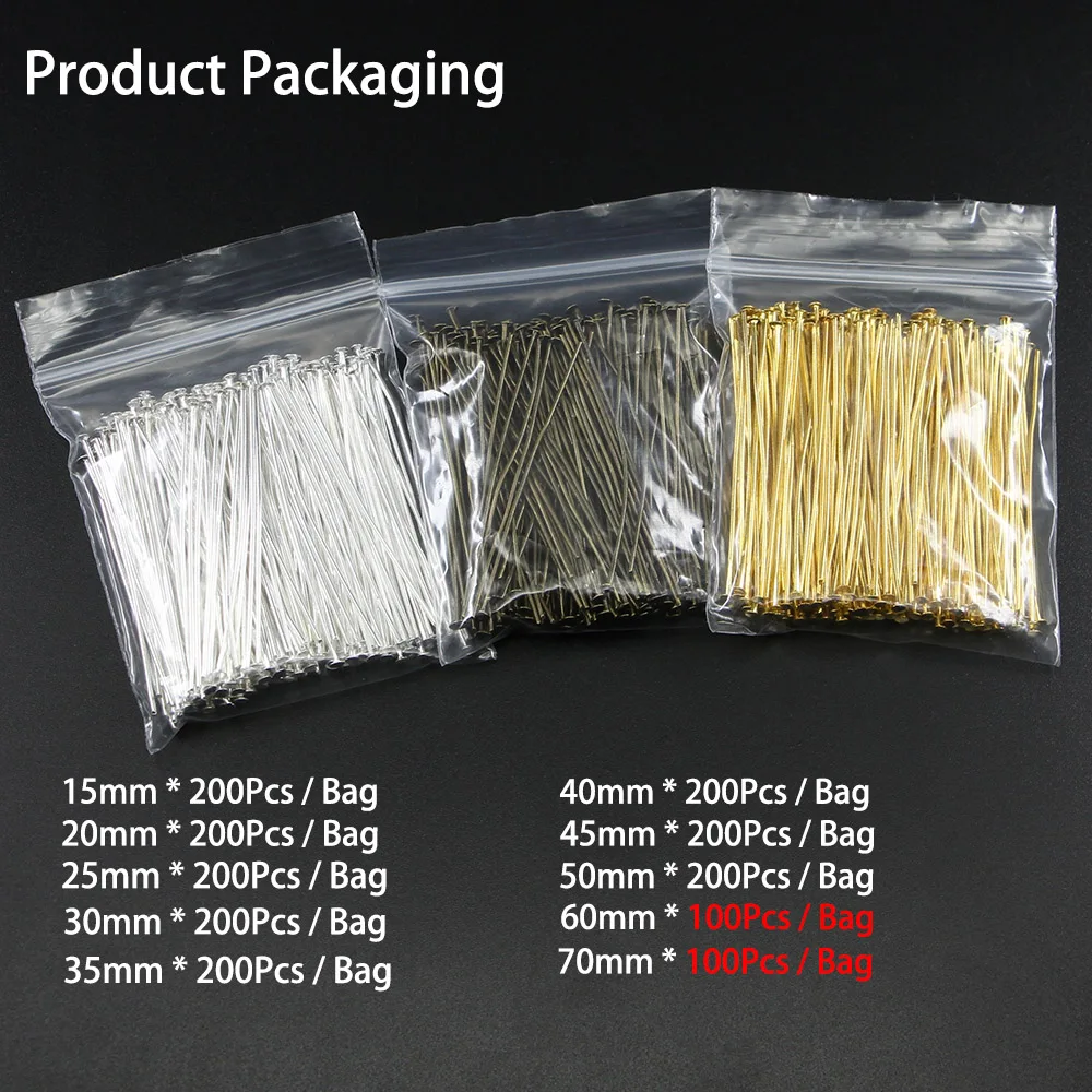 200pcs/Bag 20 25 30 40 50 60mm Flat Head Pins Gold/Silver  Color/Bronze/Rhodium Headpins For Jewelry Findings Making DIY Supplies