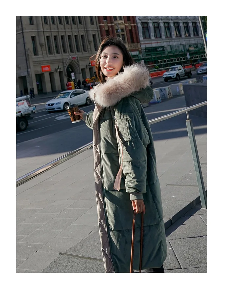 2019chic2018, корейский стиль, Зеленое Длинное пуховое пальто выше колена с лентами, с капюшоном, большой меховой воротник, бархатная хлопковая стеганая одежда для женщин
