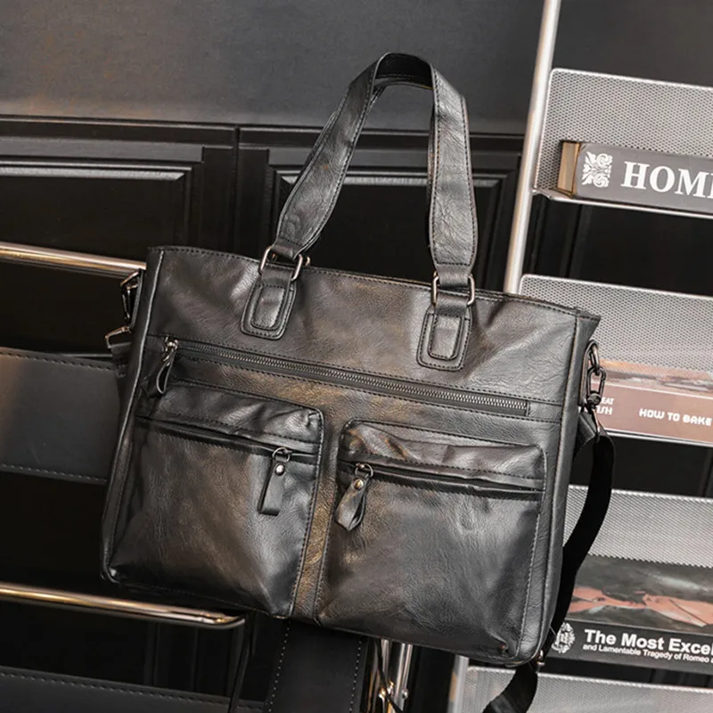

Men's Business office Briefcase Waterproof PU Leather Handbag male Solid Black Computer laptop bags Vintage Shoulder Travel Tote