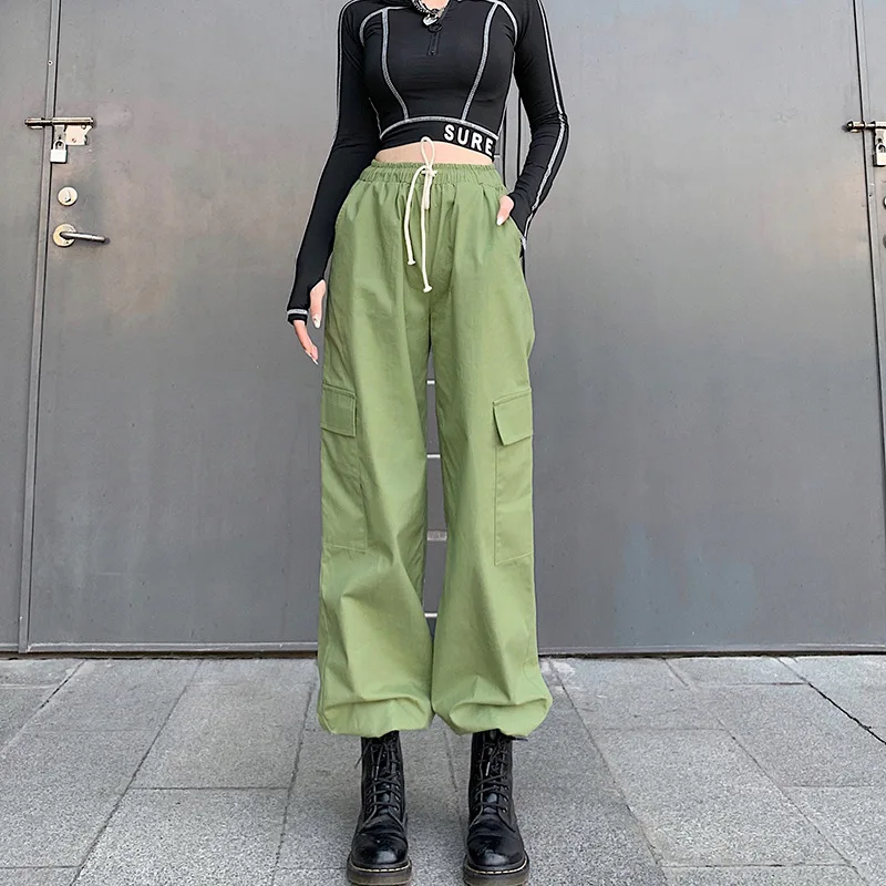 NCLAGEN Street Fashion Pockets High Waist Drawstring Women Cargo Pants Green Sudadera Sweatpant Loose Casual Trousers Capris