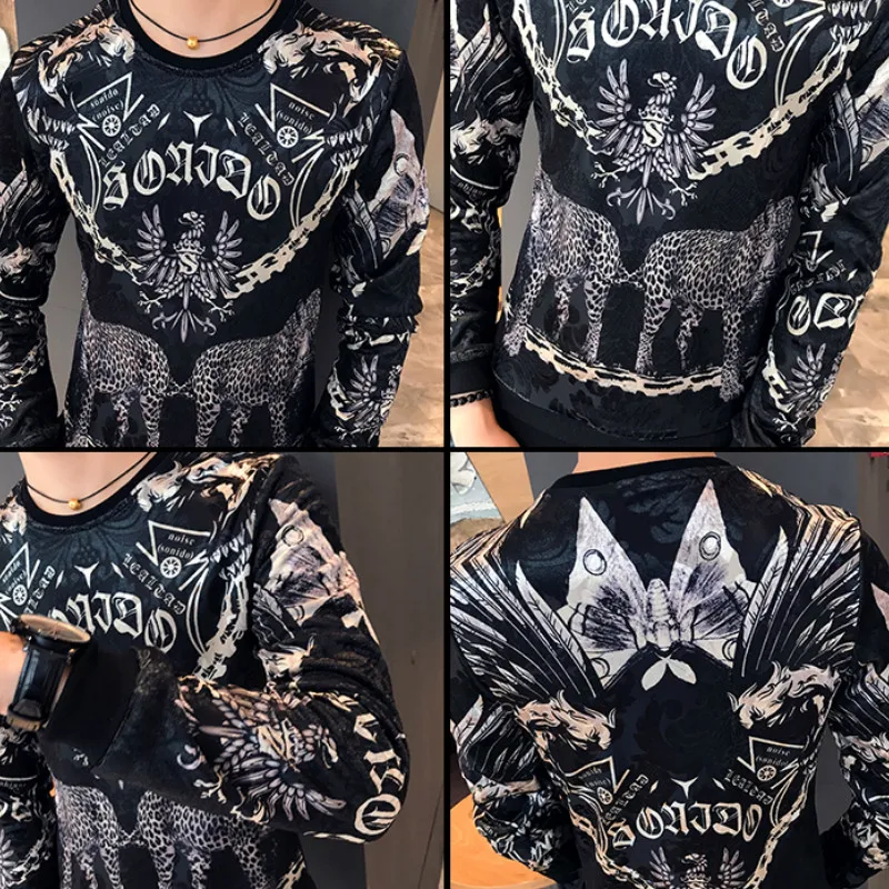 Роскошная бархатная футболка с принтом тигра Homme Royal Social, Мужская футболка для ночного клуба, повседневная Приталенная футболка с длинными рукавами и круглым вырезом