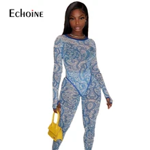 Sexy mesh printing see through bodysuit women spring two pieces sets stretch Slim Soft Pullovers Long sleeve Night club outfits
