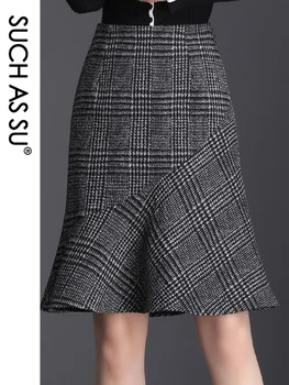 

SUCH AS SU New Wool Plaid Skirt Womens 2020 Autumn Winter High Waist Mermaid skirt S-3XL Occupation Work Office Sexy Lady Skirt