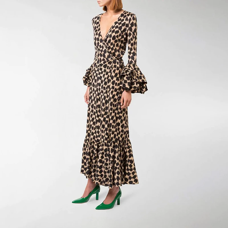 CHICEVER, винтажное леопардовое женское платье, v-образный вырез, рукав-фонарик, высокая талия, повседневные платья макси для женщин,, осенняя мода