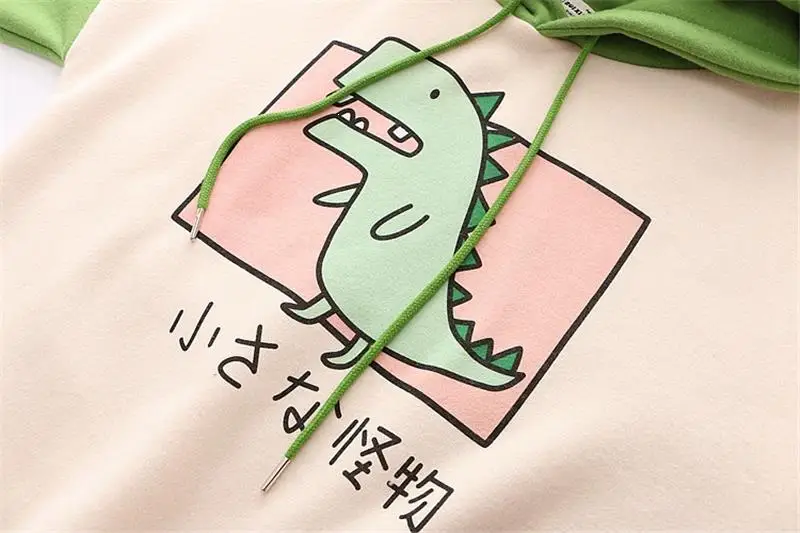 Женские толстовки из плотного вельвета и флиса; милые толстовки с капюшоном и рисунком динозавра из мультфильма; пуловер с длинными рукавами и принтом
