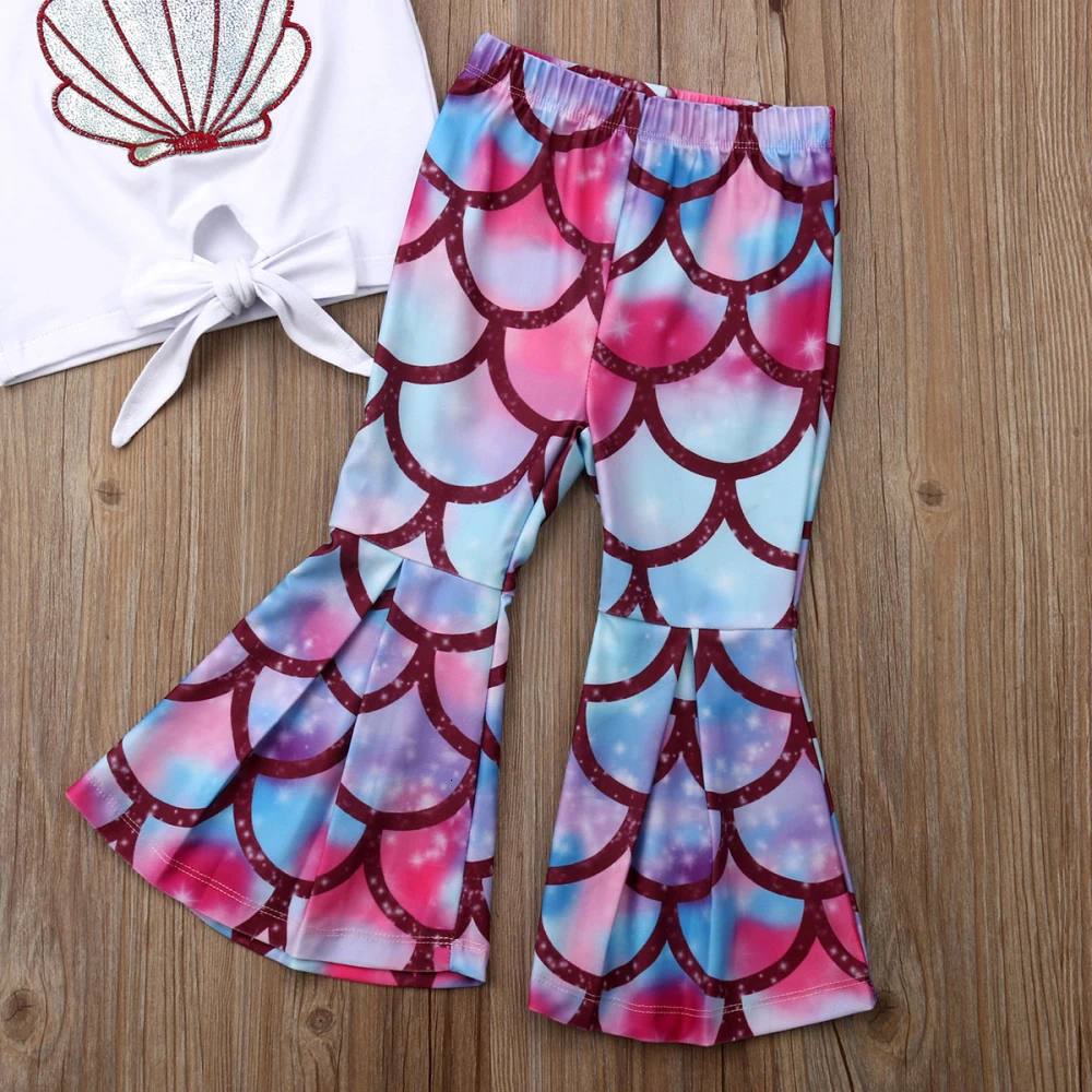 2 предмета, летние топы с русалками для маленьких девочек, расклешенные штаны, комплекты летний костюм для малышей, топы с русалками для маленьких девочек