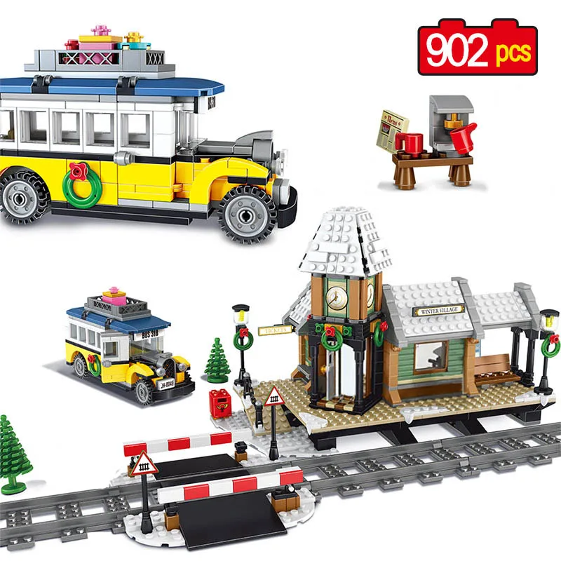 

902pcs Winter Village Train Station Car Building Blocks Compatible Legoinglys Creators City Bricks Friends Toys for Children
