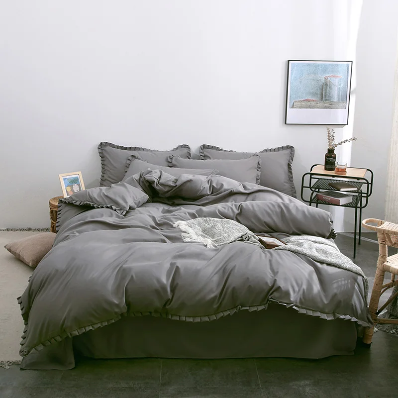 Корейский шлифование 4 предметов Верхняя одежда со складками и кружевами чистый и элегантный серый набор для двуспальной кровати наволочка