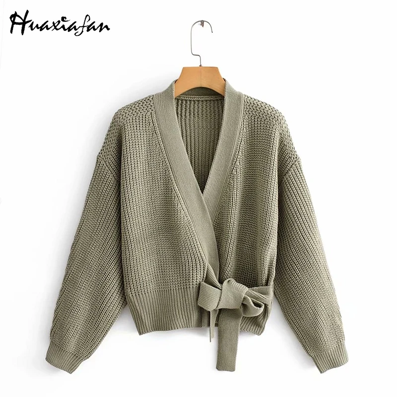 Huaxiafan cardigans solid belt sweaters women autumn outwear casual tops elegant V neck puff sleeves vintage warm cardigans new
