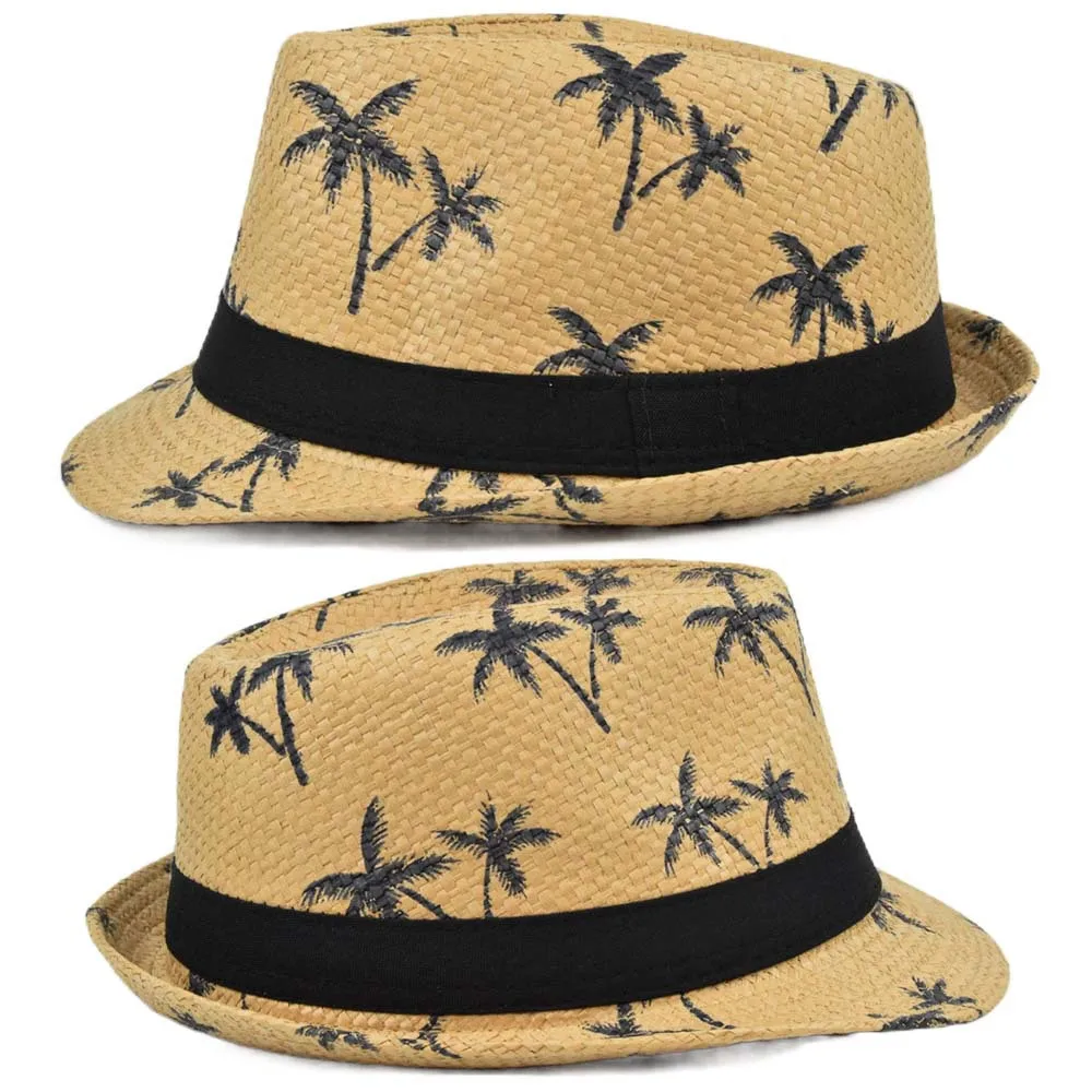Wholesale Summer 2021 short brim Fedoras Panama beach Straw Jazz Hat Coconut tree Beach Sun Hat Men Women Sunhat chapeau paille 4