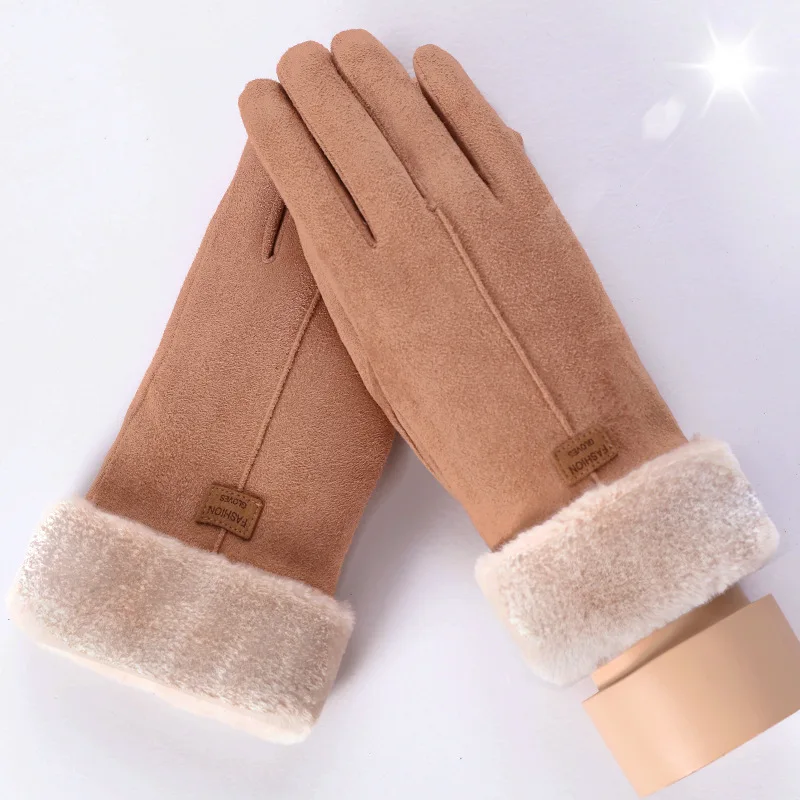 

Winter Windproof Warm Gloves Women Double-layer Furry Mittens Touch Screen Suede Leather Embroidery Gloves Outdoor Mitten