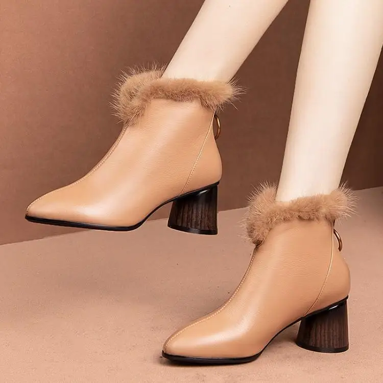 

Martin boots after female pointed zip high heels and ankle boot short girl with short boots head layer cowhide 5.5 cm