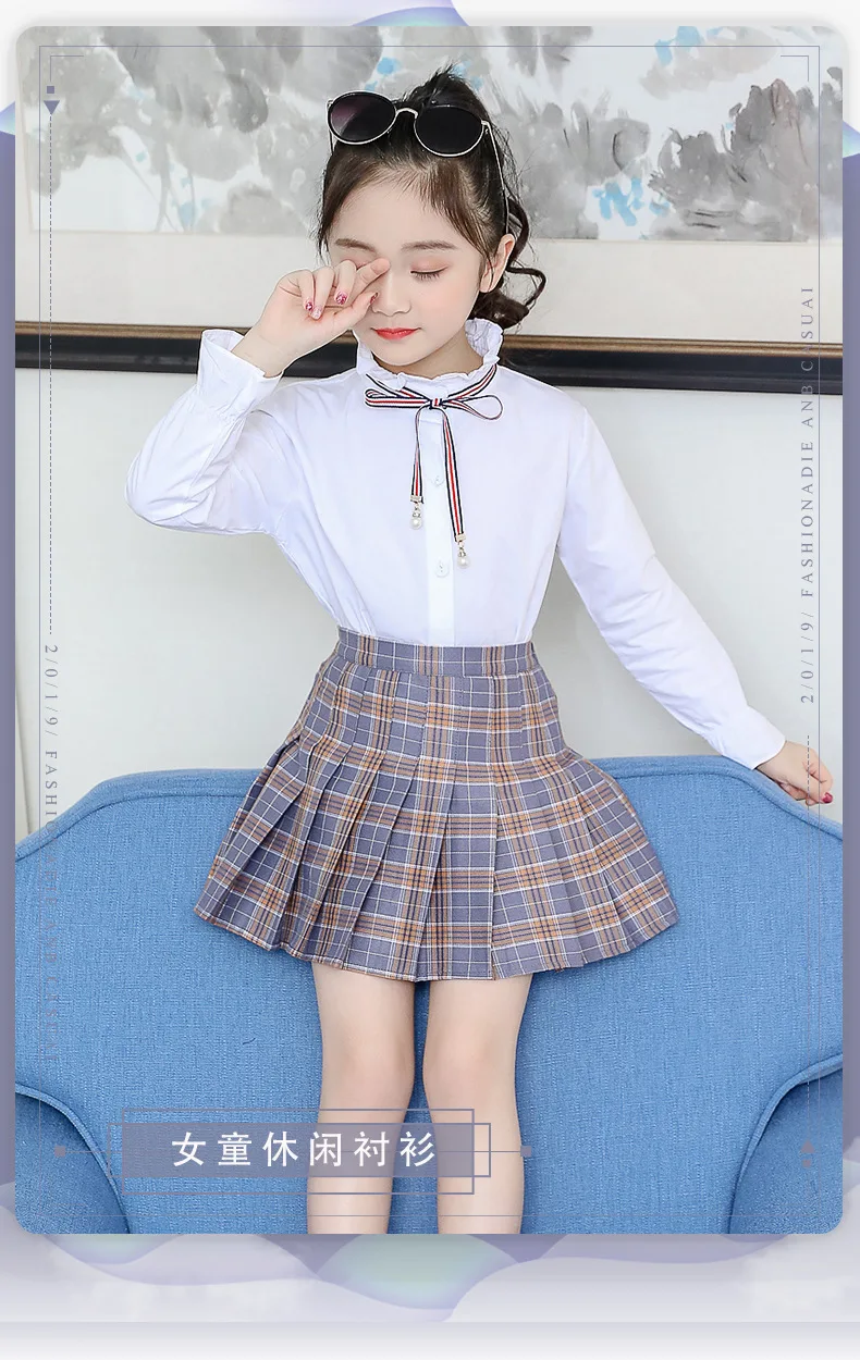 Girl'S Shirt Spring And Autumn New Style Korean-style College Style White Shirt Plaid Short Skirt Big Boy Childrenswear Fas