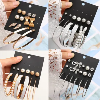 

Earrings For Women 6Pairs/set Vintage Silver Color Circle Women Steampunk Ear Clip Metal Pearl Crystal Eaerring Set Jewelry