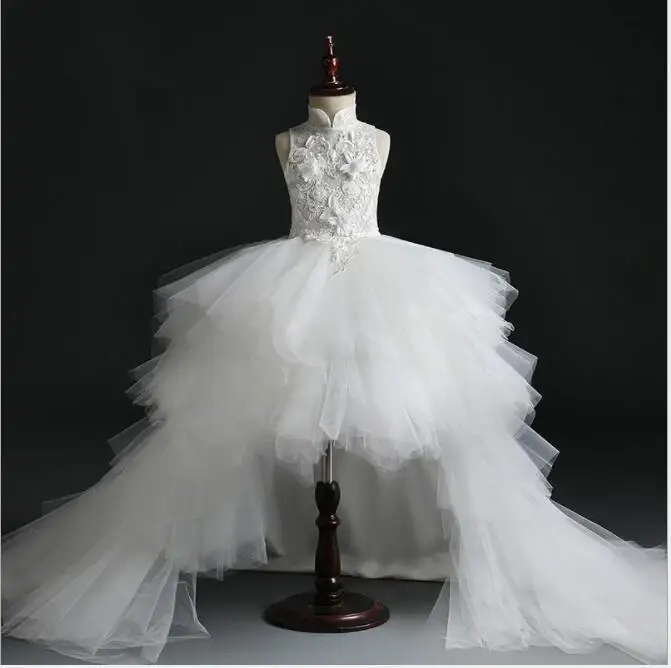 Girls Dress Glizt Long Trailing White Lace First Communion Dress Flower Tulle Ball Gown Girls Pageant Gown Flower Girl Dress for Weddings